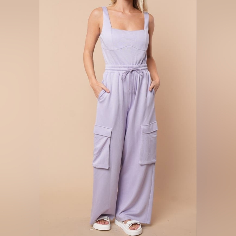 2-0406 White Birch Wide Leg Scuba Knit Lavender Jumpsuit Jumpsuit Waist - Picture 3 of 6
